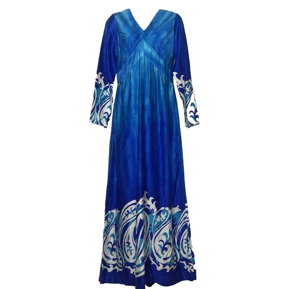 Vintage 60s Kimo’s Polynesian Shop Blue White Tribal Hawaiian Maxi Dress